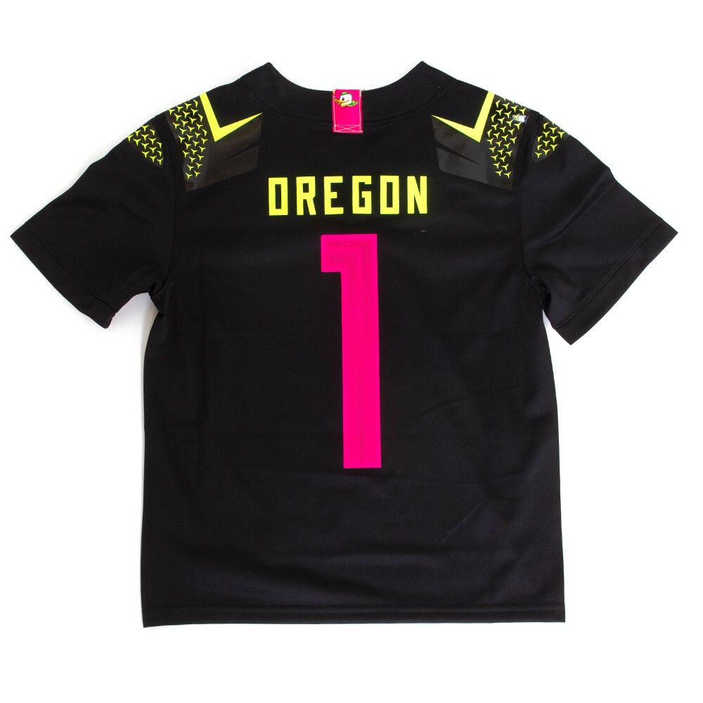 Classic Oregon O, Nike, Black, Jerseys, Kids, Youth, Football, Vapor, Breast Cancer Awareness, #1, 654026